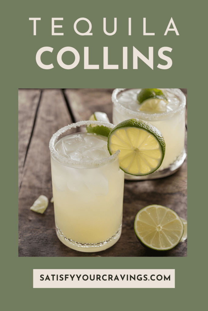 A short glass of Tequila Collins cocktail with a salted rim, garnished with a lime wheel, on a wooden surface with lime and lemon wedges.