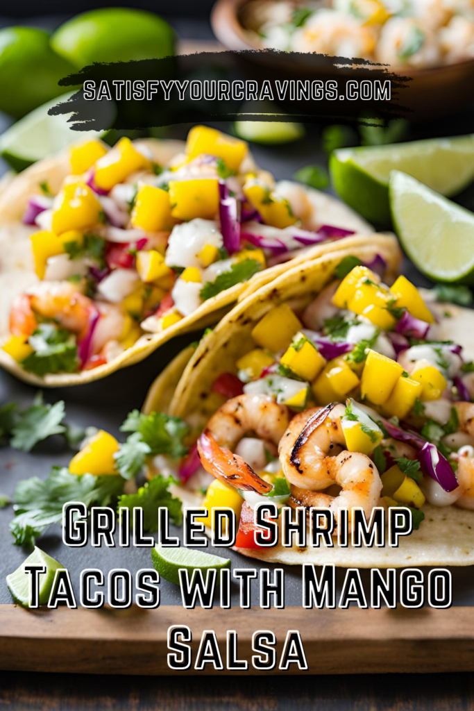 Grilled shrimp tacos with mango salsa on corn tortillas, garnished with cilantro and lime wedges.