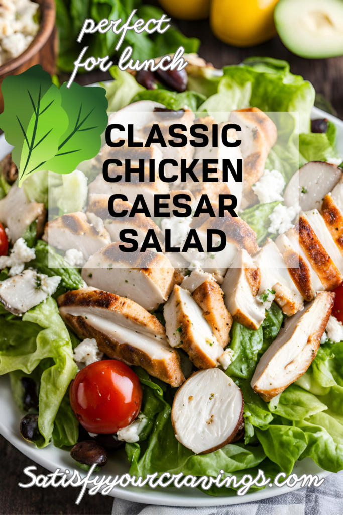 Grilled chicken Caesar salad with cherry tomatoes, cucumbers, and black olives on a white plate, captioned “Classic Chicken Caesar Salad” with “Satisfyyourcravings.com”