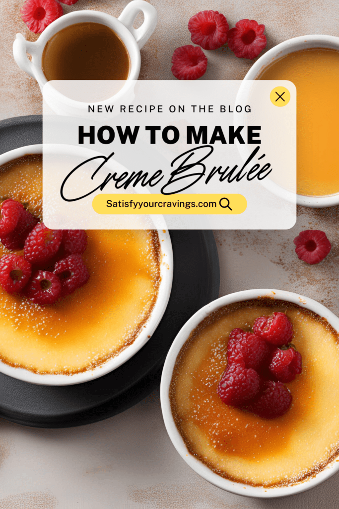 Promotional graphic for crème brûlée recipe from Satisfy Your Cravings.