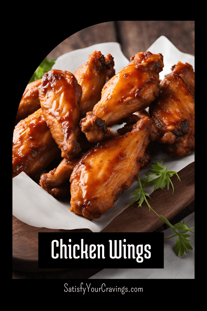 A plate of crispy and saucy chicken wings garnished with fresh parsley on a wooden serving board.