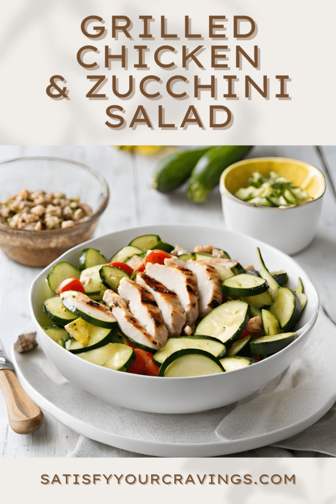 A bowl of grilled chicken and zucchini salad with cherry tomatoes and mixed greens on a rustic table setting.