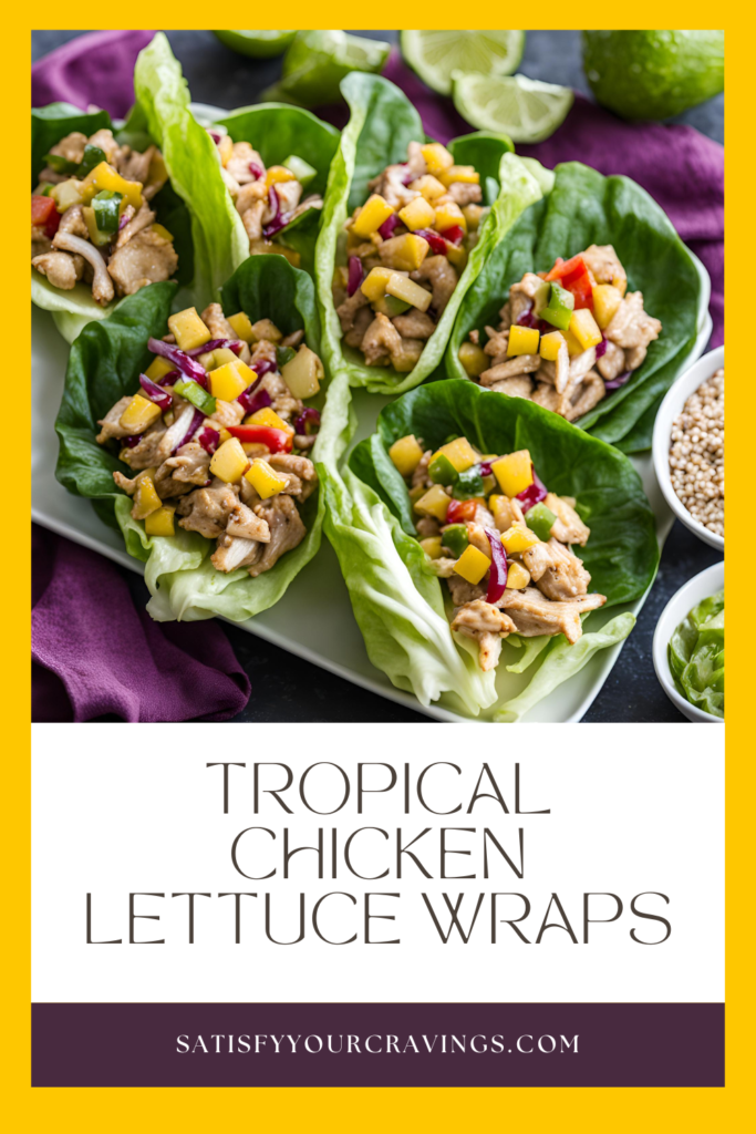 Plate of chicken lettuce wraps with mango salsa, garnished with lime and served with sides.