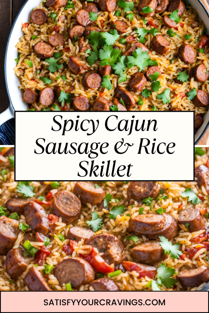 Two images of Spicy Cajun Sausage and Rice Skillet in a white pan, featuring Cajun-spiced sausage slices, tender rice, and vibrant bell peppers, garnished with fresh cilantro. Text overlay reads 'Spicy Cajun Sausage & Rice Skillet' and 'satisfyyourcravings.com.' This easy one-pan meal is perfect for quick and flavorful weeknight dinners.