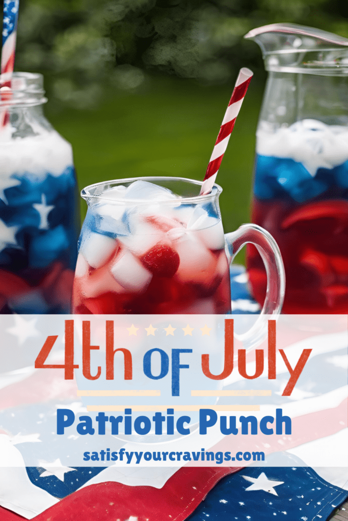 Patriotic Punch Recipe for 4th of July - Refreshing Red, White, and Blue Layered Drink in Clear Pitchers and Glasses with Ice and Festive Straws, Perfect for Summer Celebrations - Satisfy Your Cravings Blog