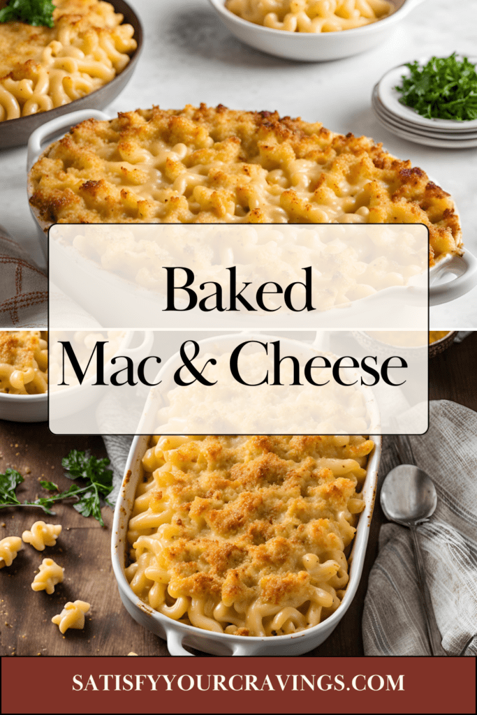 Baked mac and cheese in a white casserole dish, with parsley garnish on a white background.