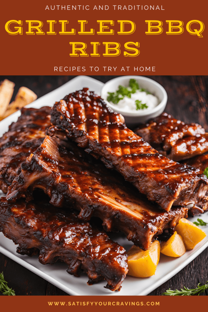 Plate of authentic and traditional grilled BBQ ribs with a rich, smoky glaze, perfect for home cooking and summer cookouts. Visit Satisfy Your Cravings food blog for the full recipe and grilling tips. #GrilledBBQRibs #BBQRecipes #SummerCookout #SatisfyYourCravings