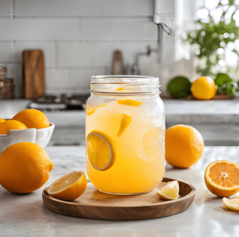 A mason jar filled with fresh citrus-infused lemonade, garnished with lemon slices, sitting on a wooden tray surrounded by whole and sliced oranges.