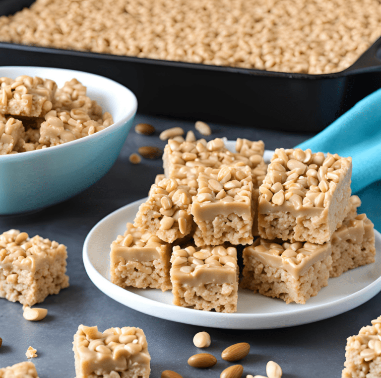 A plate stacked with Peanut Butter Rice Krispie Treats, topped with crunchy nuts, with a pan full of treats in the background.