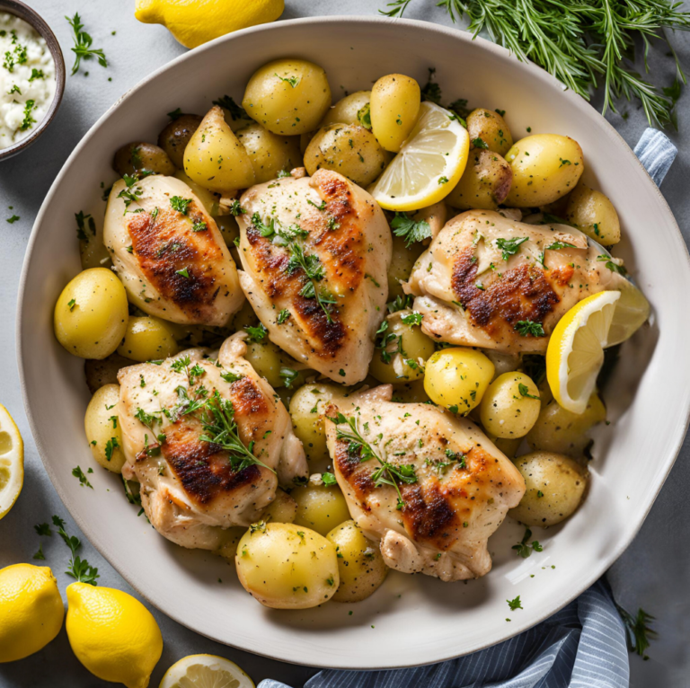 Greek Lemon Chicken and Potatoes with Fresh Herbs and Lemon Slices