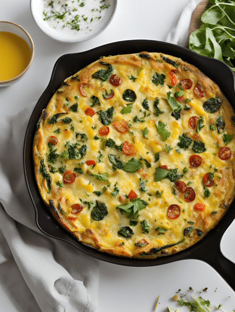 Golden potato and vegetable frittata in a cast-iron skillet with fresh herbs and cherry tomatoes.