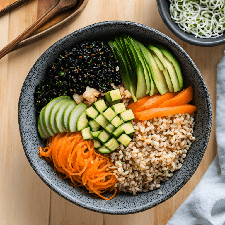 A vibrant Vegetarian Sushi Grain Bowl with sliced cucumber, avocado, carrot spirals, and nori over a bed of brown rice.