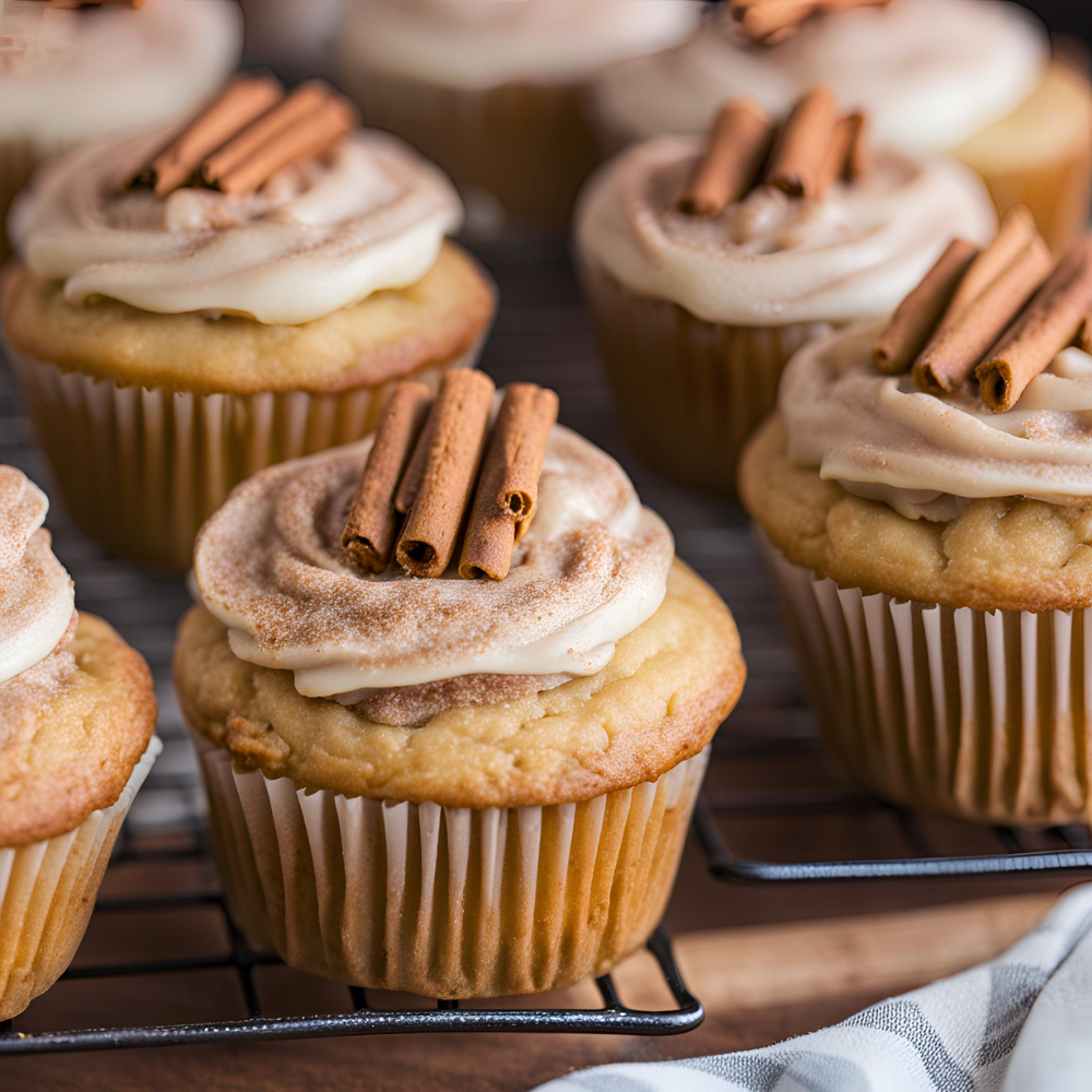 Close-up of apple cinnamon cupcakes topped with cinnamon sticks and cream cheese frosting on a cooling rack.