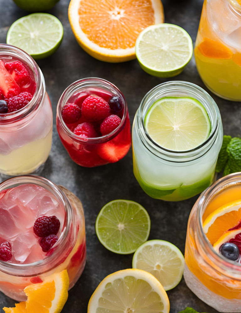 Colorful homemade electrolyte drinks in mason jars with fresh fruit garnishes, surrounded by slices of lime, lemon, and orange.