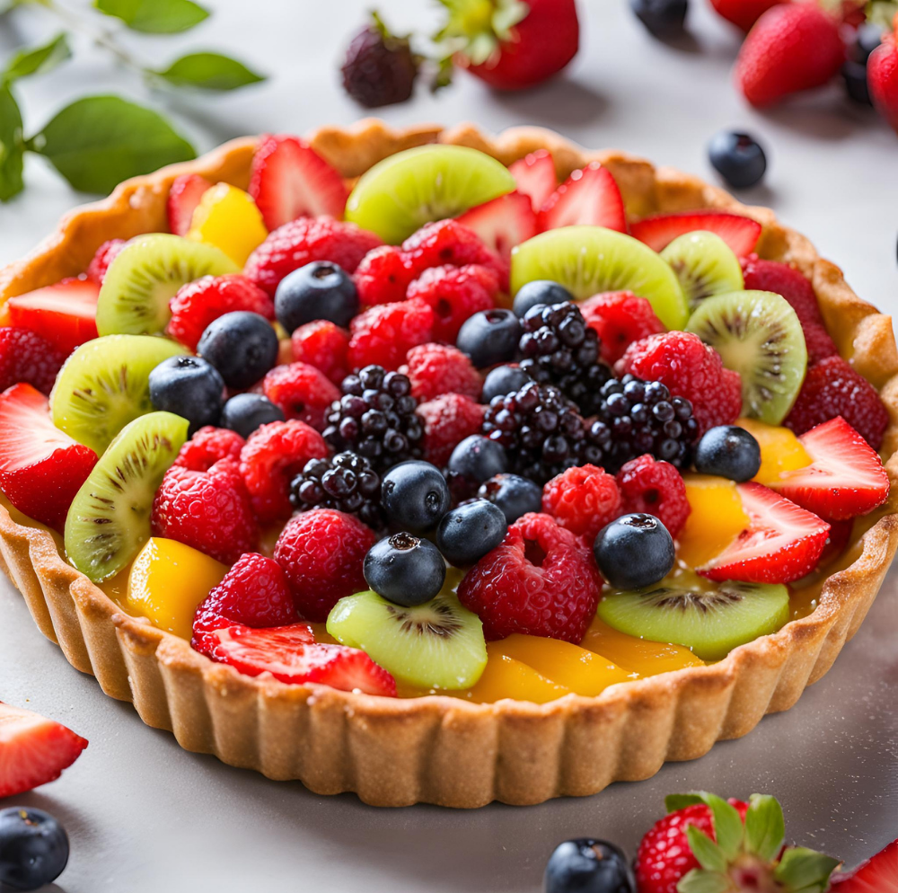 Close-up of a colorful fruit tart with strawberries, kiwi, blueberries, raspberries, and blackberries.