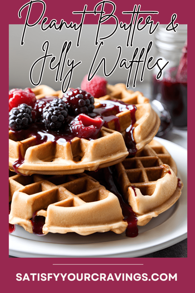 Stack of Peanut Butter and Jelly Waffles topped with fresh berries and a drizzle of jelly.