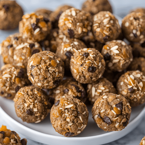 A close-up view of homemade energy bites piled on a white plate, featuring a mix of nuts, seeds, and dried fruits.