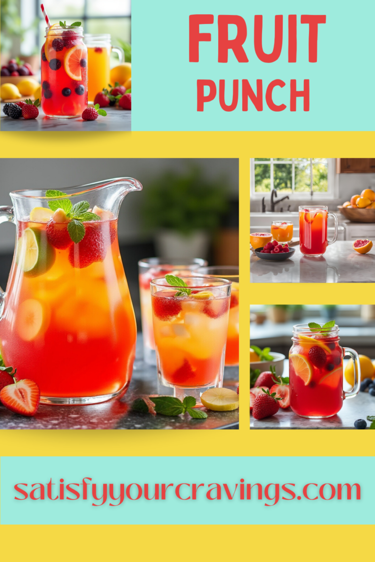 A vibrant glass of fruit punch with berries and citrus slices, garnished with a mint leaf, sitting on a countertop with lemons and berries in the background.