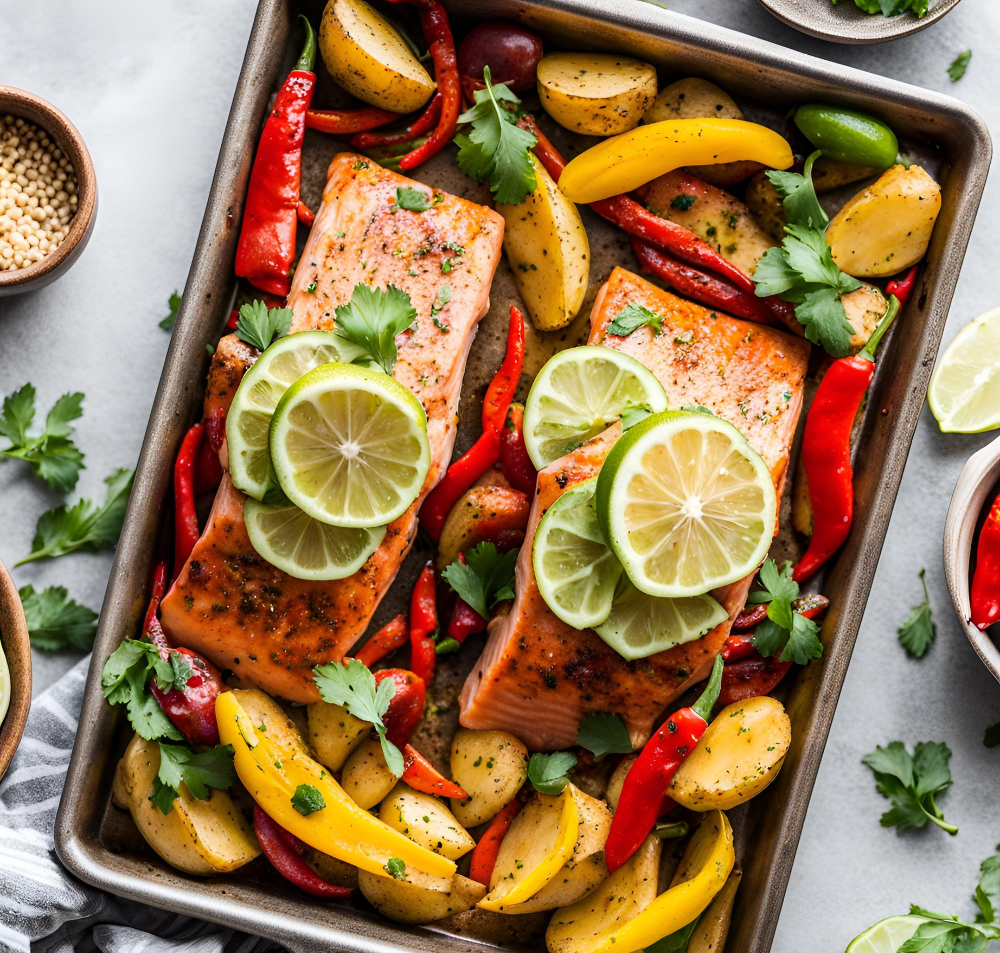 Overhead view of a sheet pan filled with roasted salmon fillets topped with lime slices, surrounded by golden potatoes and vibrant red and yellow peppers.