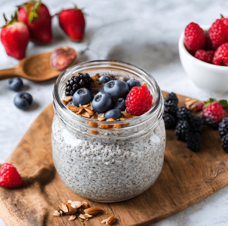 A jar of overnight chia pudding topped with fresh blueberries, raspberries, and sliced almonds, with strawberries and raspberries in the background.