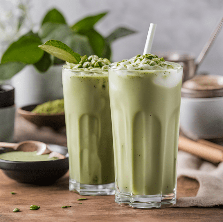 Two tall glasses of iced matcha latte topped with frothy milk and a mint leaf garnish.