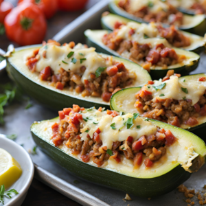 Close-up of Stuffed Zucchini Boats with Melted Cheese