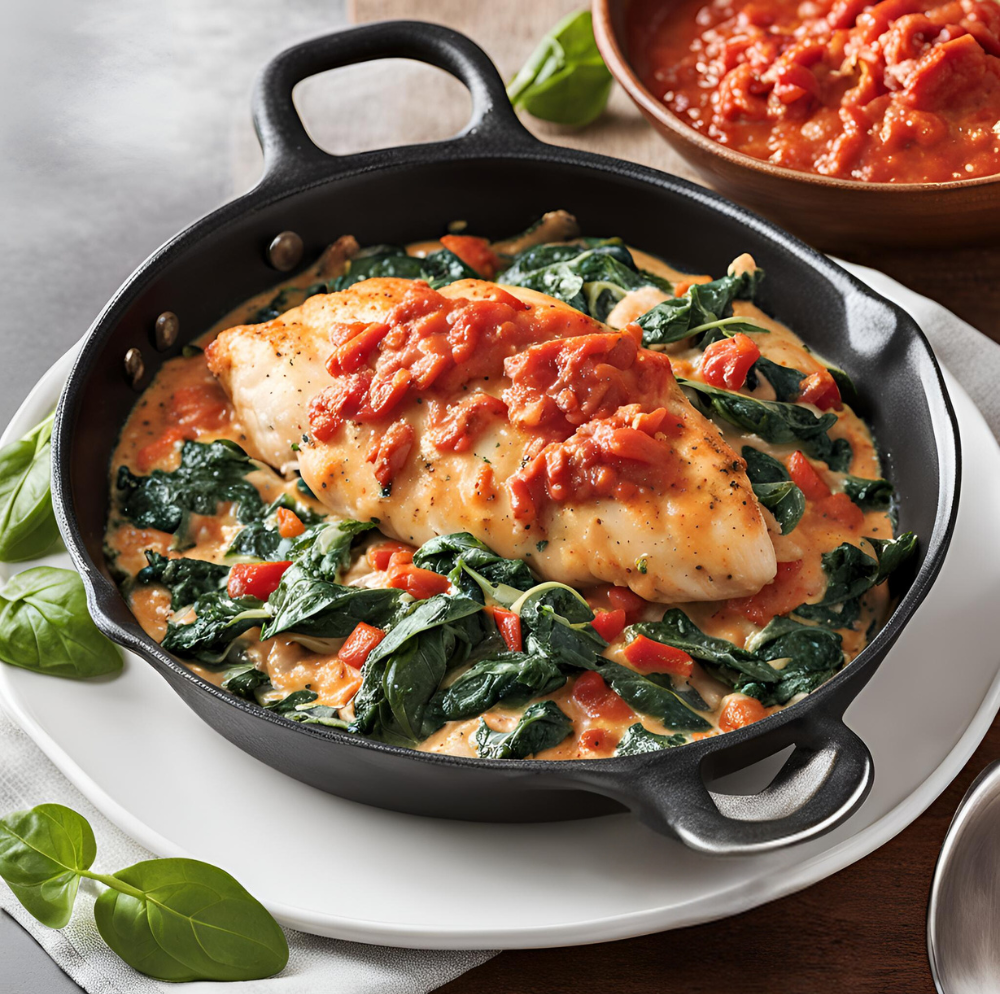 Chicken cutlets served with creamy spinach and roasted red pepper sauce in a black skillet.