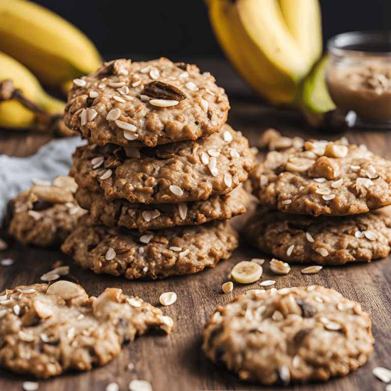 A stack of banana oat cookies topped with nuts and oats, with bananas and peanut butter in the background.