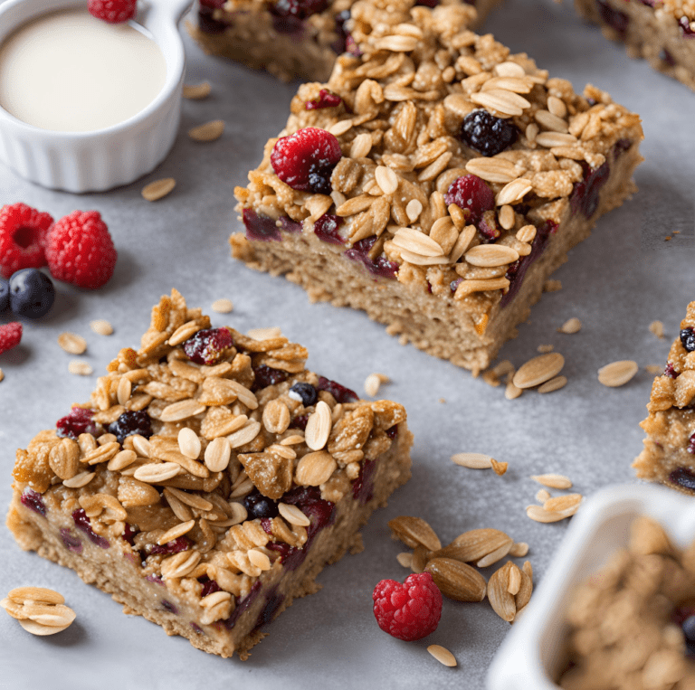 Close-up of baked oatmeal bars with mixed berries and oats, perfect for back-to-school breakfasts.