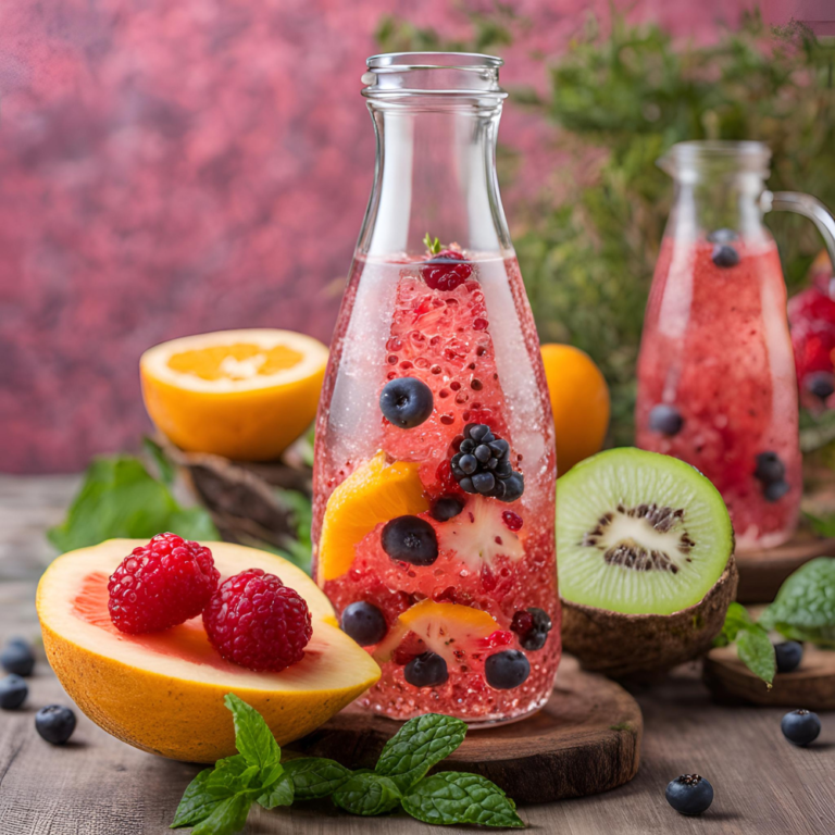 Glass pitcher filled with chia fresca, garnished with fresh berries, orange slices, and mint leaves.