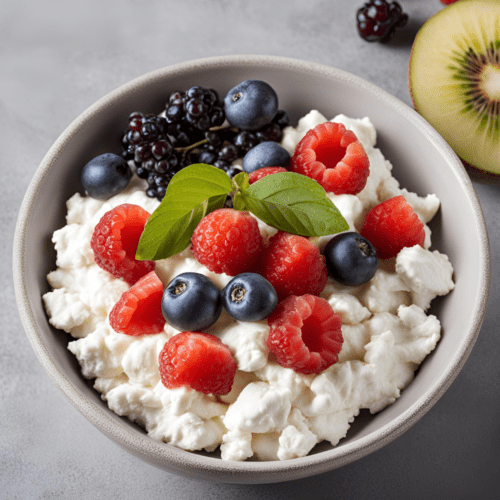 A bowl of cottage cheese topped with fresh raspberries, blueberries, and blackberries, garnished with a sprig of mint.