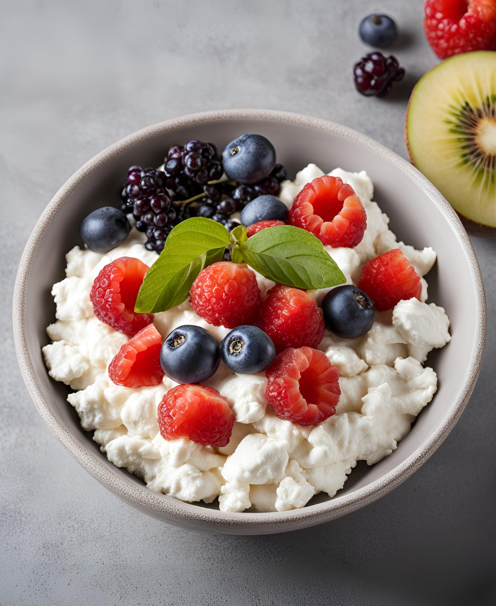 A bowl of cottage cheese topped with fresh raspberries, blueberries, and blackberries, garnished with a sprig of mint.