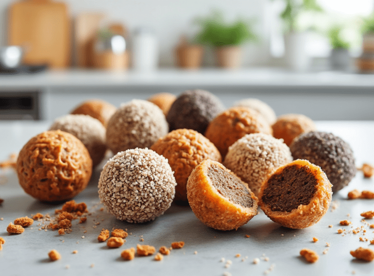 A variety of energy bites, including some with a chocolate center, displayed on a kitchen counter.