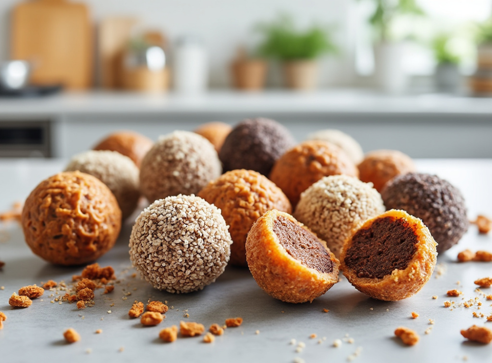 A variety of energy bites, including some with a chocolate center, displayed on a kitchen counter.