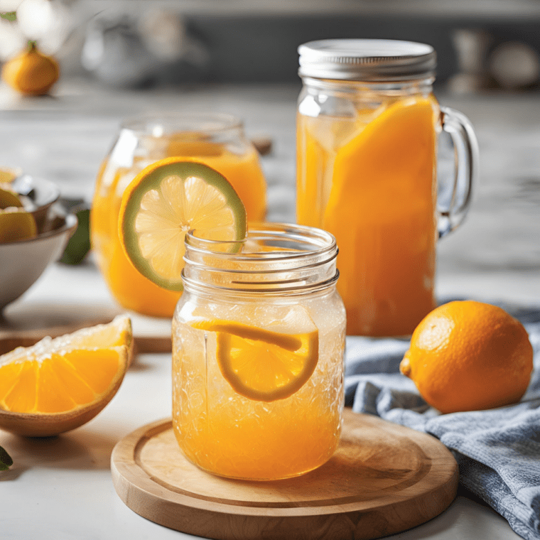 A mason jar filled with citrus lemonade, garnished with a lemon slice, placed on a wooden coaster with more lemonade jars in the background.