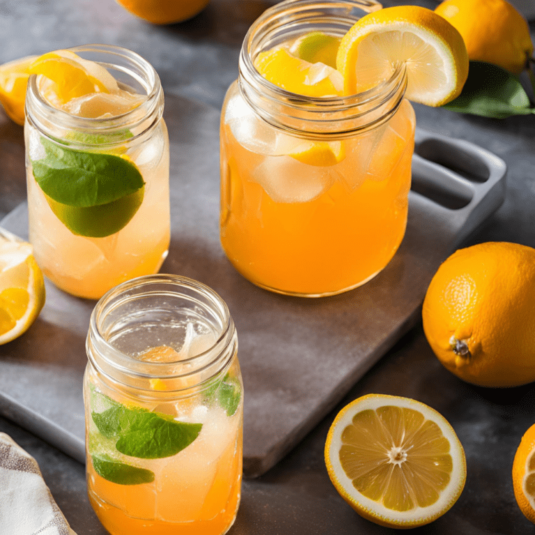 Three mason jars filled with citrus lemonade, garnished with lemon slices and green leaves, placed on a stone cutting board.