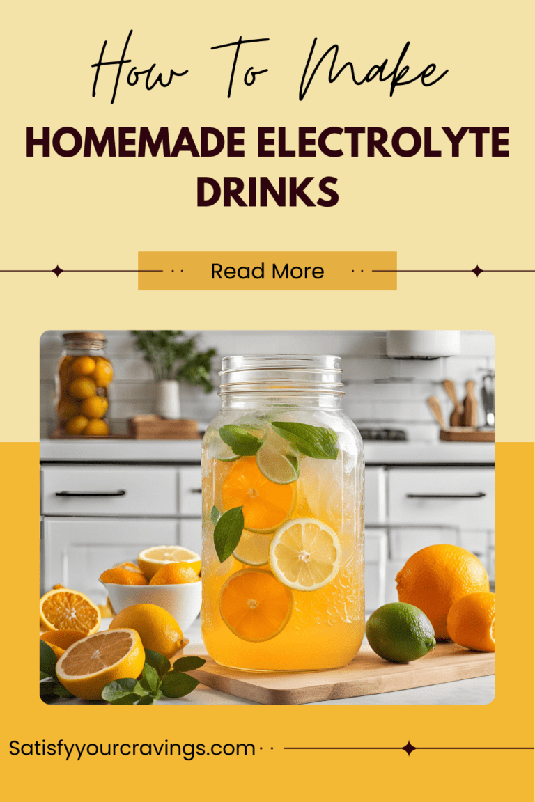 A promotional graphic featuring a large mason jar of citrus electrolyte drink, with text reading "How to Make Homemade Electrolyte Drinks" and "Read More" on a yellow background.