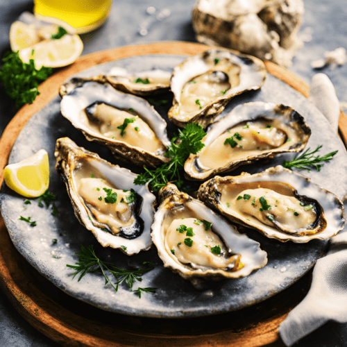 Grilled oysters served on a platter with parsley and lemon wedges.