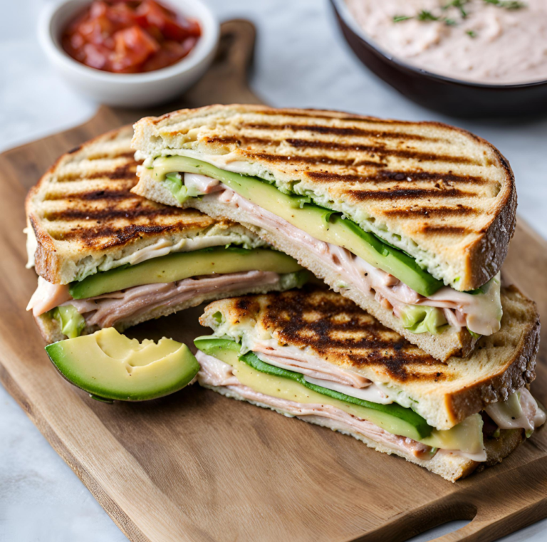 Turkey and Avocado Panini with cheese on a wooden serving board.