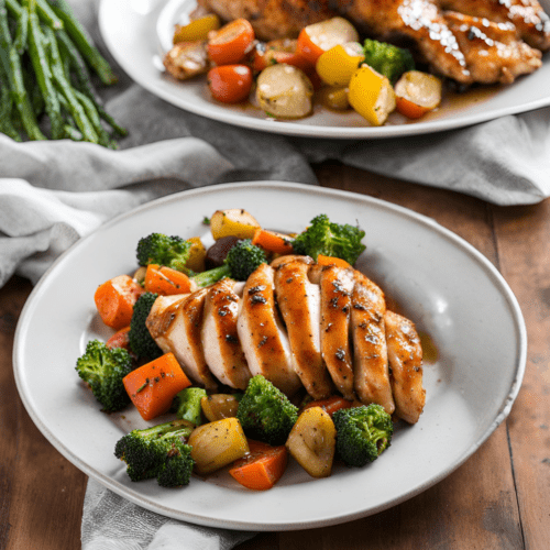 Sliced Honey Garlic Chicken with Roasted Veggies on a Plate