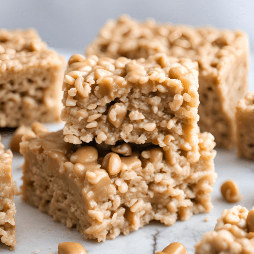 Close-up of Peanut Butter Rice Krispie Treats, showing their rich and chewy texture with bits of nuts.