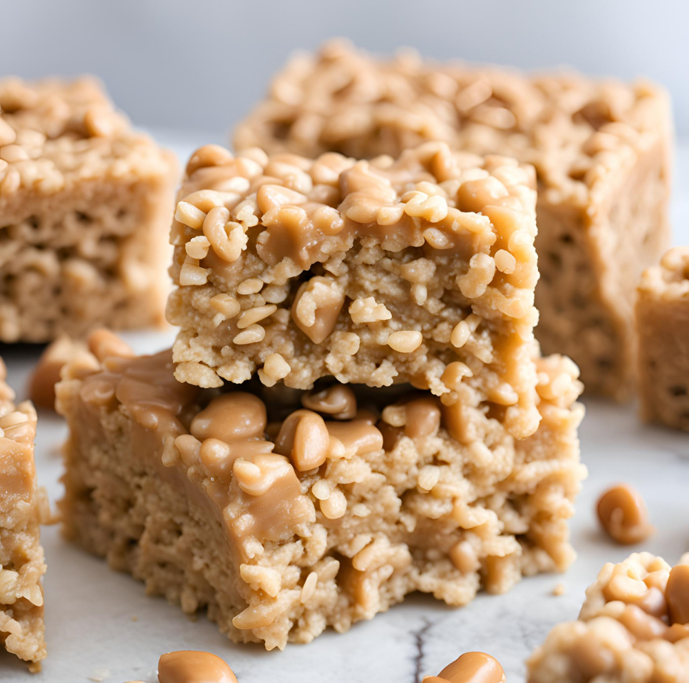 Close-up of Peanut Butter Rice Krispie Treats, showing their rich and chewy texture with bits of nuts.