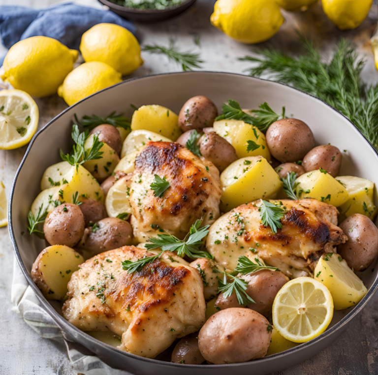 Greek Chicken Thighs and Potatoes Roasted with Lemon and Herbs