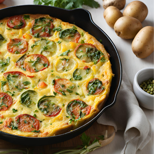 Potato and vegetable frittata featuring sliced tomatoes, zucchini, and spinach in a black skillet.