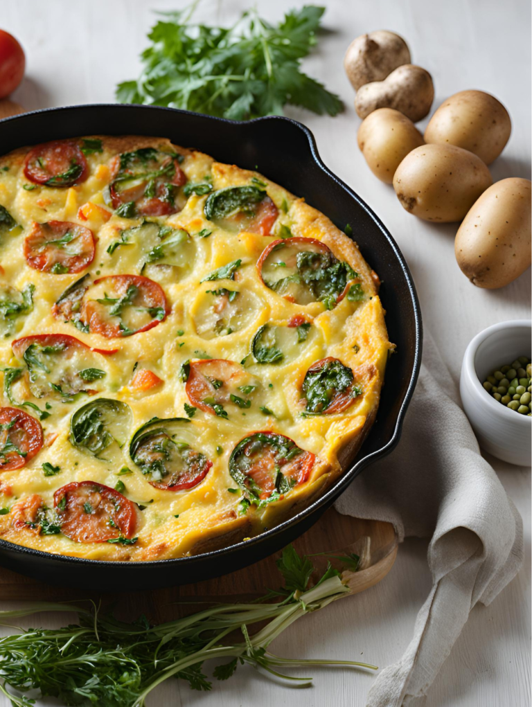 Potato and vegetable frittata featuring sliced tomatoes, zucchini, and spinach in a black skillet.