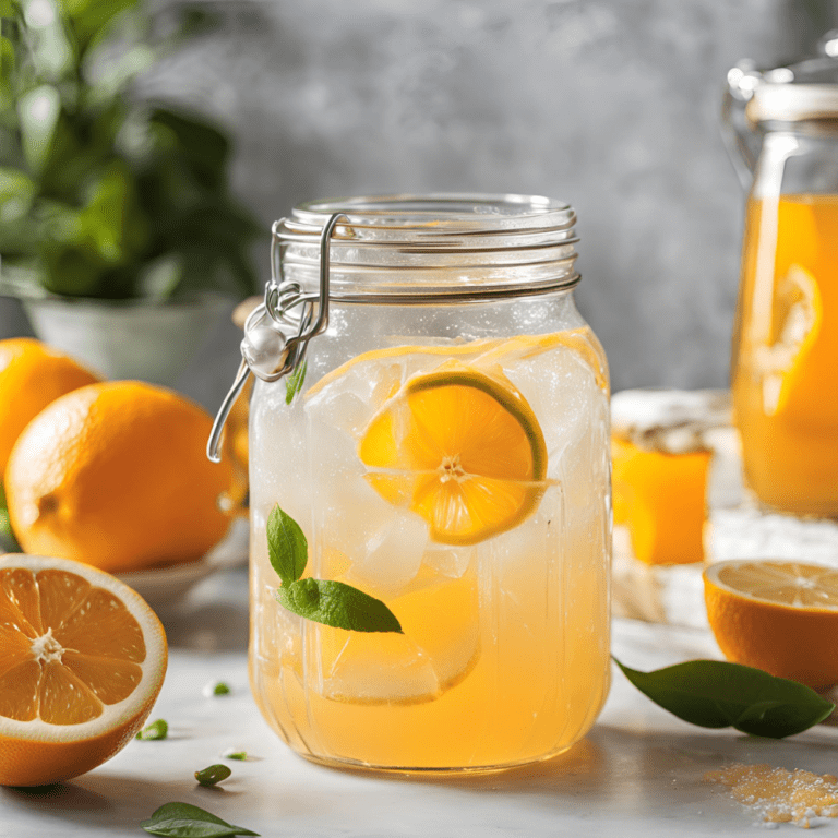 A glass jar with a metal clasp containing citrus lemonade with ice, garnished with orange slices and fresh green leaves.