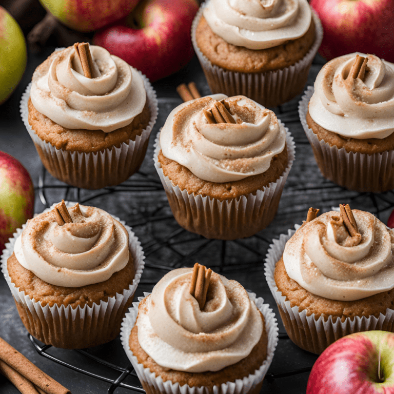 Apple cinnamon cupcakes on a cooling rack surrounded by fresh apples, topped with cinnamon cream cheese frosting and cinnamon sticks.