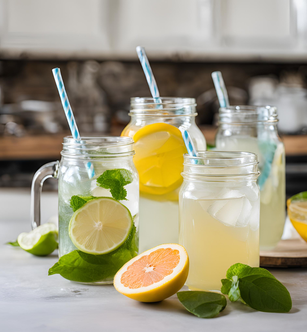 Colorful homemade electrolyte drinks in mason jars with fresh fruit garnishes, surrounded by slices of lime, lemon, and orange.