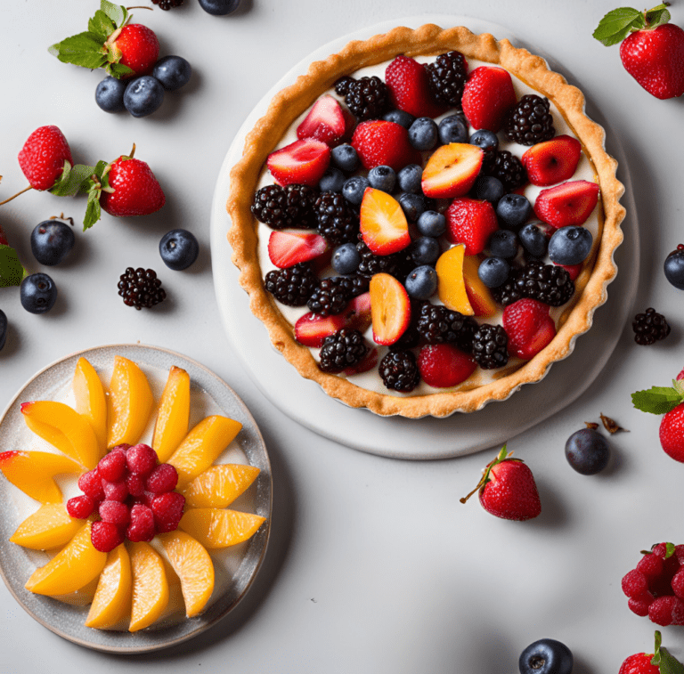 Two fruit tarts, one decorated with mixed berries and the other with peaches and raspberries, surrounded by fresh fruits.