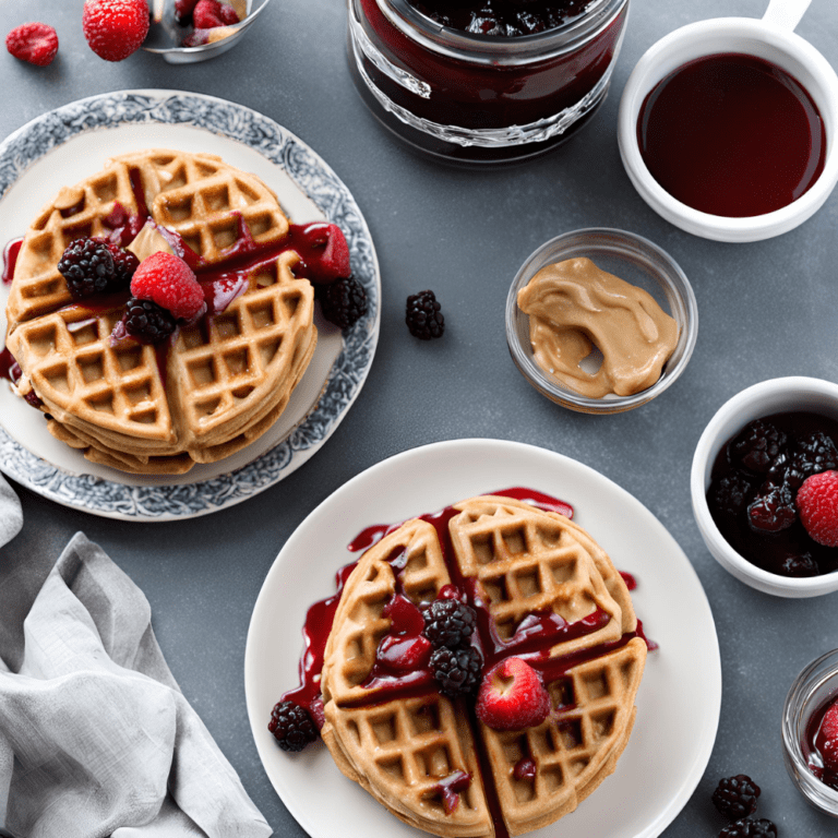 Two plates of Peanut Butter and Jelly Waffles served with a side of peanut butter and fresh berries.